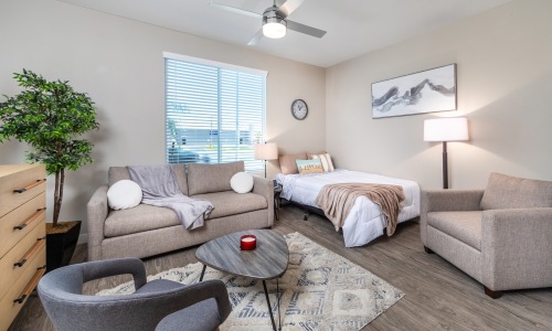 room with a bed couch and chair